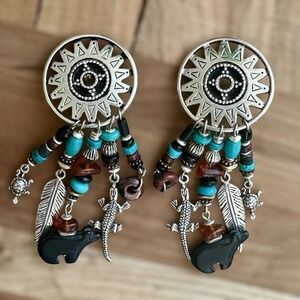 Zuni Artisan Zia Concho‎ Earrings 3 Inch Turquoise Bear Fetish Sterling 34.1g